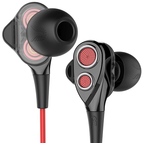 Earbuds, UiiSii DT200 In Ear Headphones with Microphone and Volume Control, Dual Drivers Earphones with HiFi Audio, Deep Bass for Noise Isolating, Compatible with Apple Headphones, Android(Red)