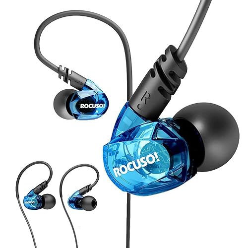 ROCUSO Earbud Headphones with Microphone, Over Ear Waterproof Earbuds Stereo Bass Musician In Ear Monitor